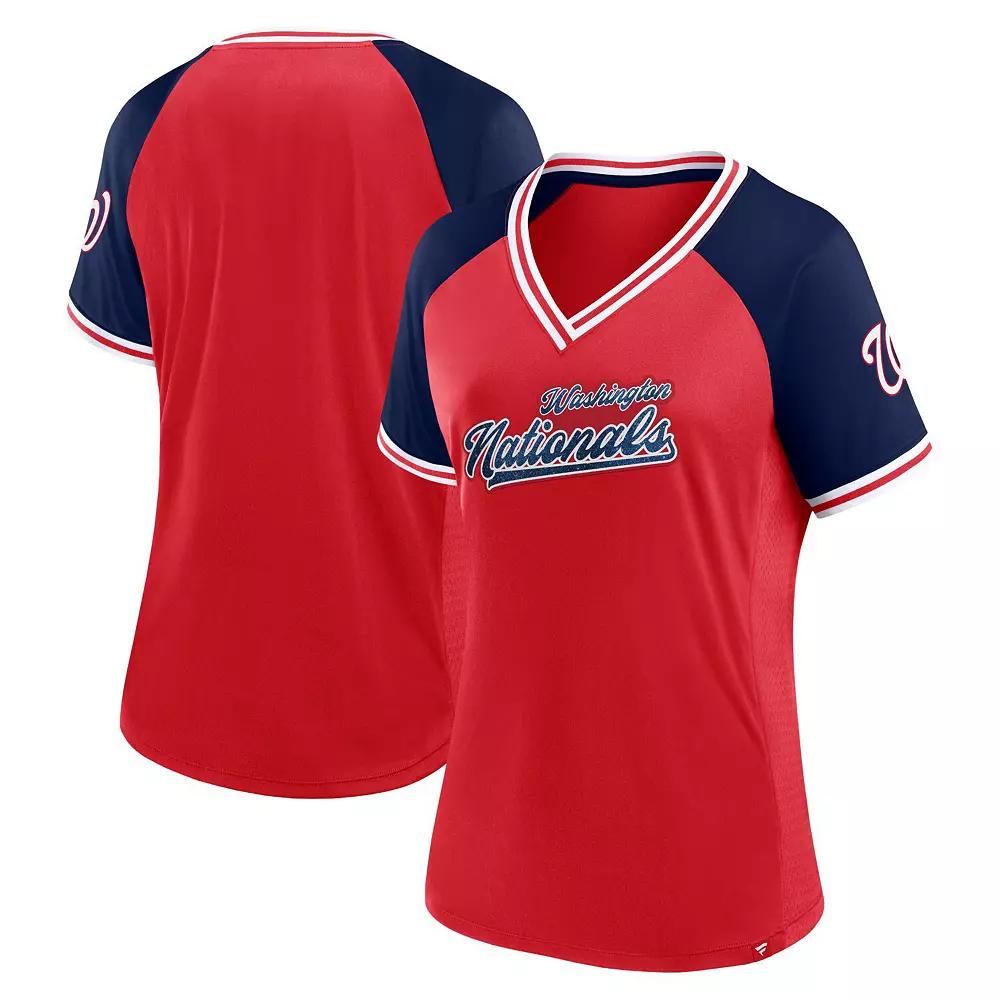 Women's Fanatics Branded Red Washington Nationals Glitz & Glam League Diva Raglan V-Neck T-Shirt, Size: 2XL Product Image