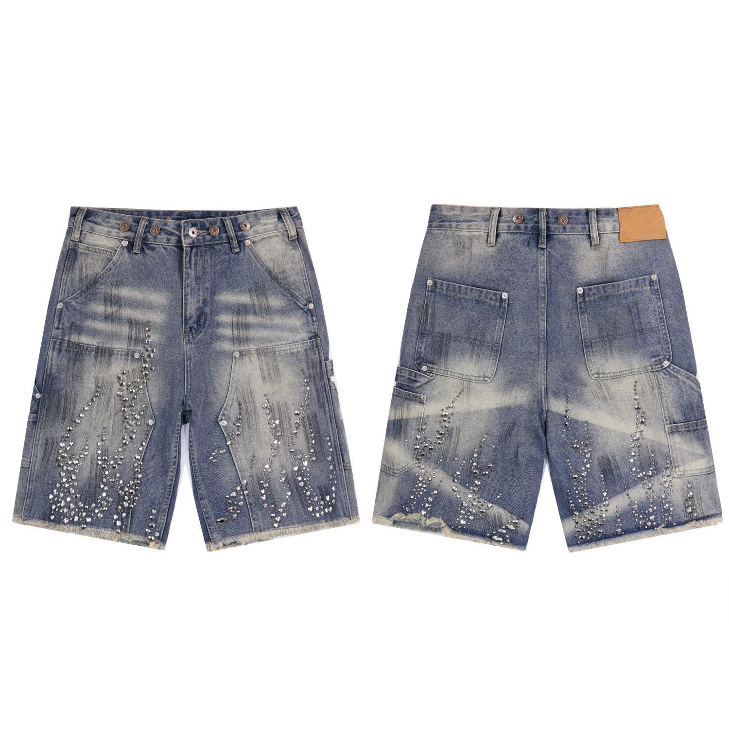 Hiphop Street Flame Rhinestone Five-point Denim Shorts Product Image