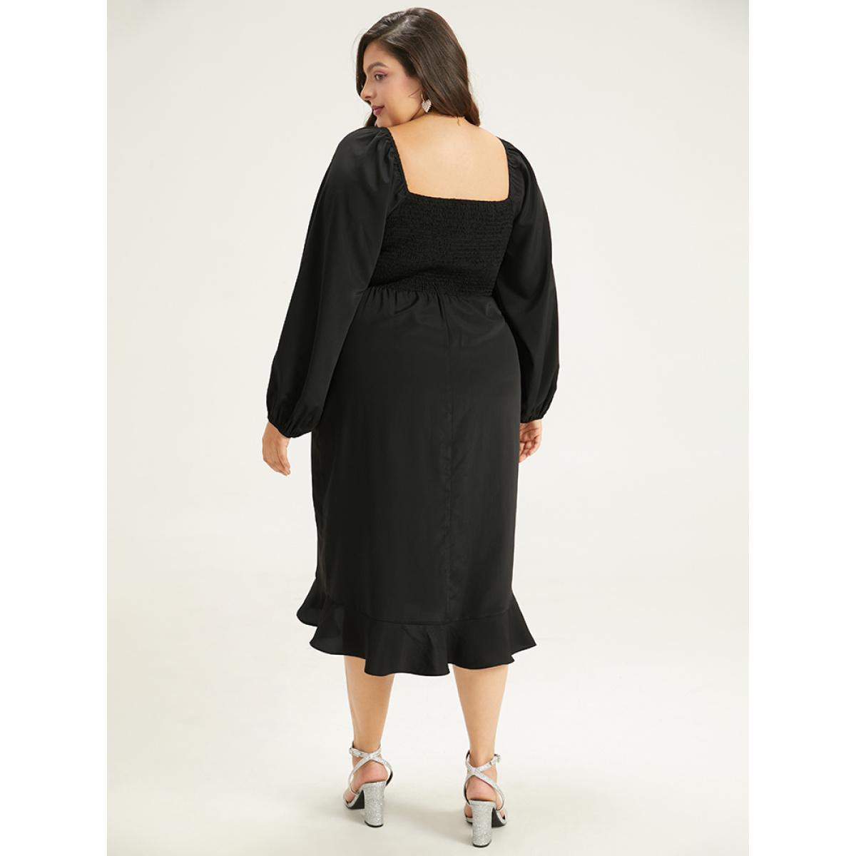 Plus Size Anti-Wrinkle Square Neck Ruffle Trim Wrap Hem Dress Black Women Glamour Elastic cuffs Square Neck Long Sleeve Curvy Midi Dress BloomChic 30/6X Product Image