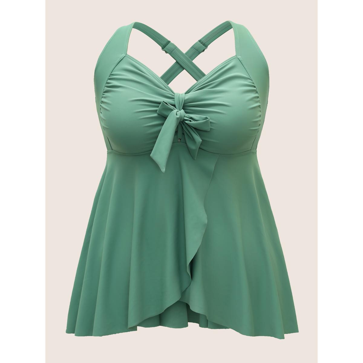 Plus Size Plain Knotted Gathered Slit Front Swim Top Women's Swimwear Palemauve Beach Gathered High stretch Bodycon Heart neckline Curve Swim Tops BloomChic 12/L Product Image