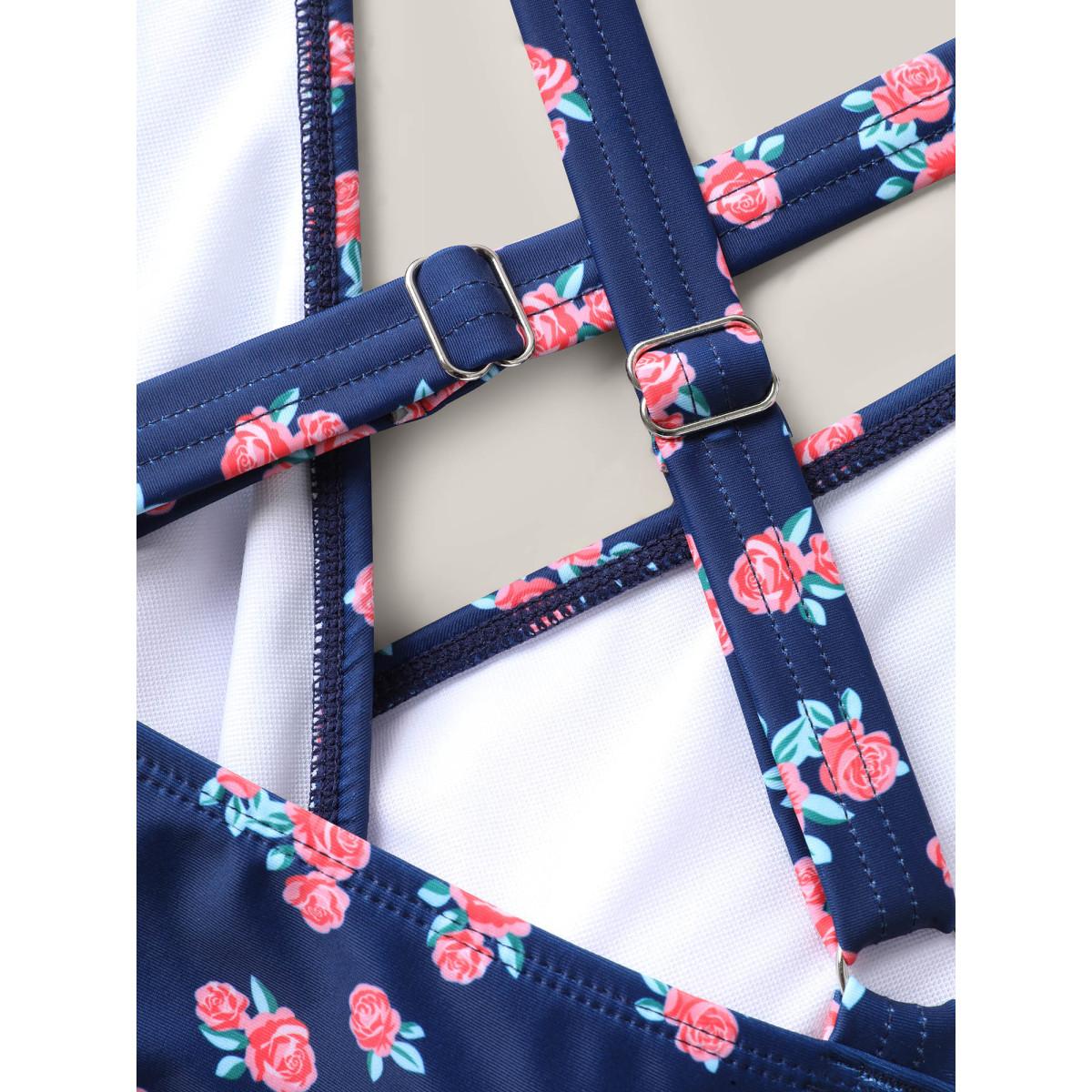 Plus Size Ditsy Floral Belted Swim Dress Women's Swimwear Indigo Resort Bodycon Overlap Collar High stretch Curve Swim Dresses BloomChic 30/6X Product Image