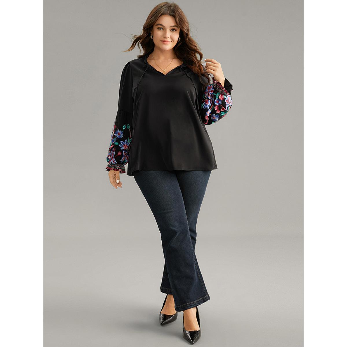 Plus Size Black Floral Embroidered Mesh Tie Neck Ruffles Blouse Women Elegant Long Sleeve Tie Neck Party Blouses BloomChic 10/M Product Image