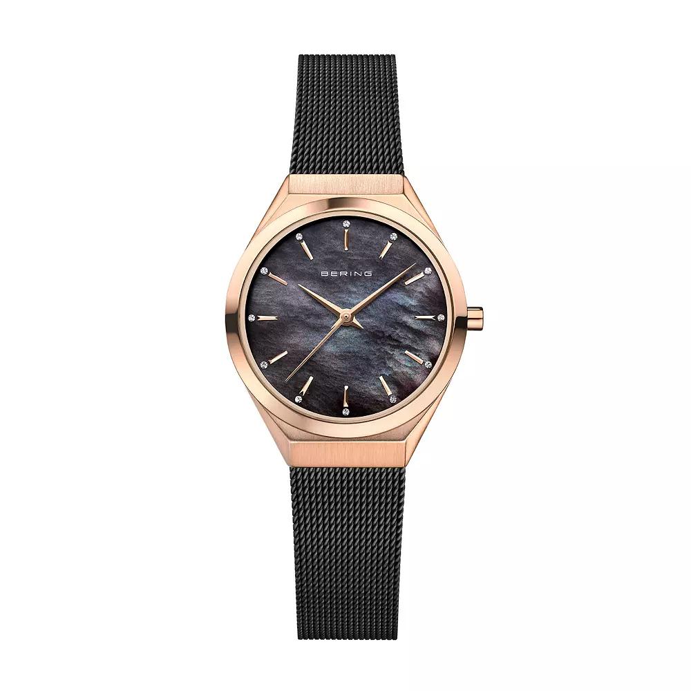 BERING Ultra Slim Women's Rose Gold Tone Mother-Of-Pearl Milanese Strap Watch, Size: Medium, Black Product Image