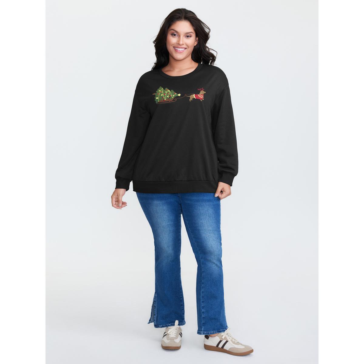 Plus Size Holiday Gifts Embroidered Heather Sweatshirt Women Black Leisure Round Neck Casual Sweatshirts BloomChic 30/6X Product Image