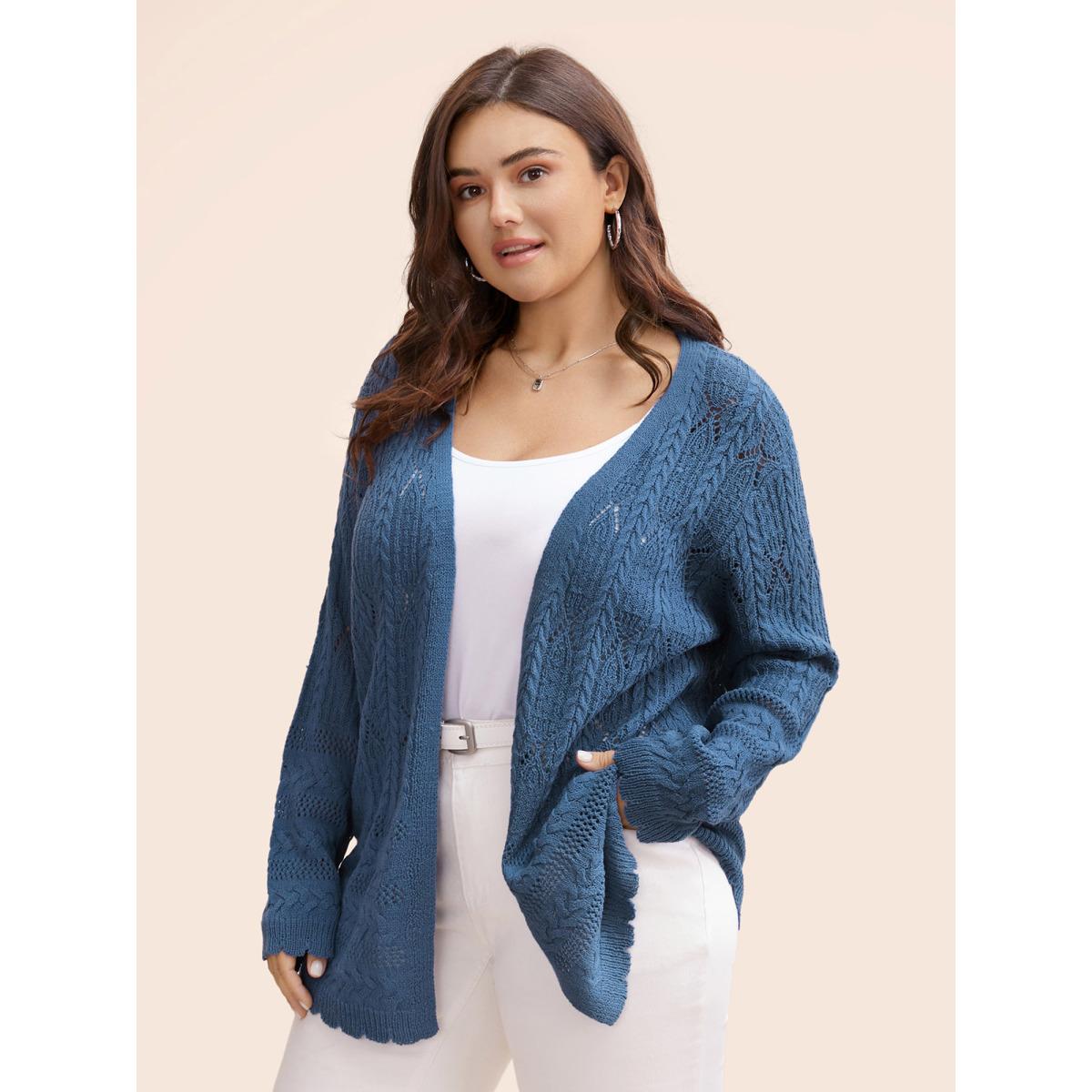 Plus Size Solid Scalloped Trim Cable Knit Cardigan Aegean Women Casual Loose Long Sleeve Everyday Cardigans BloomChic 26/4X Product Image
