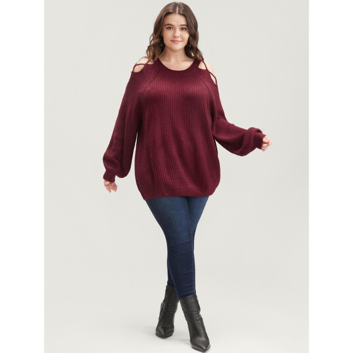 Plus Size Solid Pointelle Knit Cut Out Lantern Sleeve Knit Top Scarlet Women Elegant Loose Long Sleeve Round Neck Dailywear Pullovers BloomChic 22-24/3X Product Image