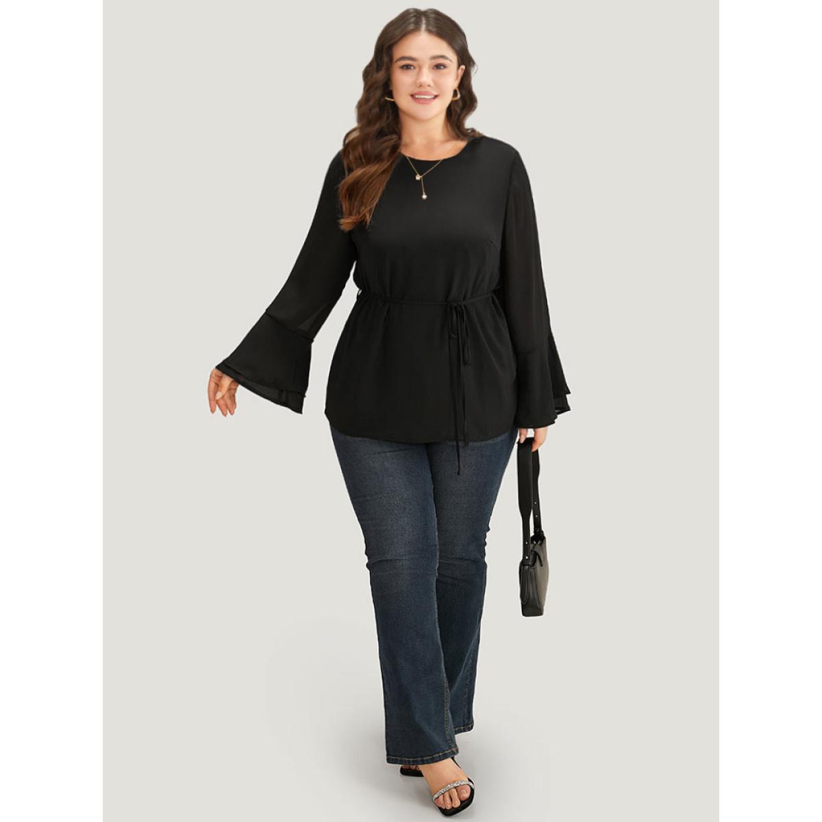 Plus Size Black Chiffon Mesh Tiered Bell Sleeve Blouse Women Office Long Sleeve Round Neck Work Blouses BloomChic 14-16/1X Product Image