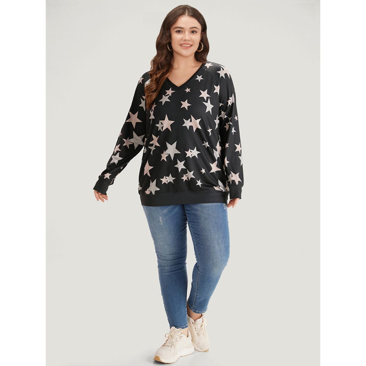 Plus Size Star Print V Neck Raglan Sleeve Sweatshirt Women Black Elegant Elastic cuffs V-neck Dailywear Sweatshirts BloomChic 22-24/3X Product Image