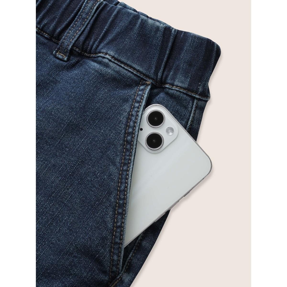 Plus Size Dark Wash Drawstring Roll Hem Denim Shorts Women Denimblue Roll Hem High stretch Everyday Slanted pocket Casual Denim Shorts BloomChic 28/5X Product Image