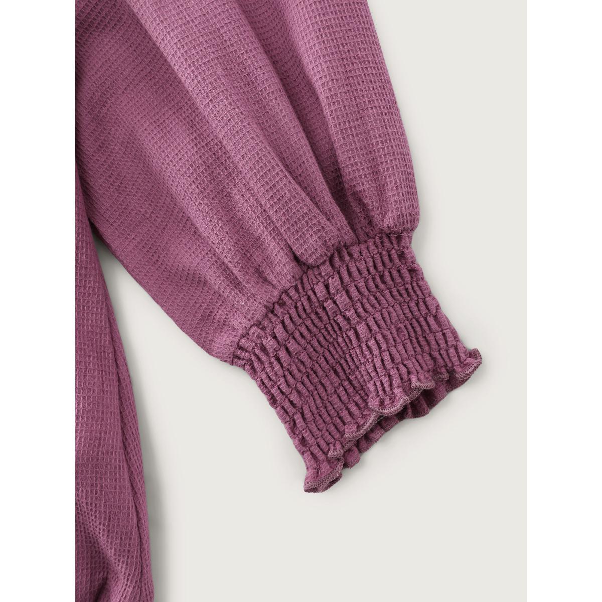 Plus Size Mauve Pure Cotton Textured Shirred Blouse Women Leisure Extra Long Sleeve Round Neck Elegant Blouses BloomChic 30/6X Product Image