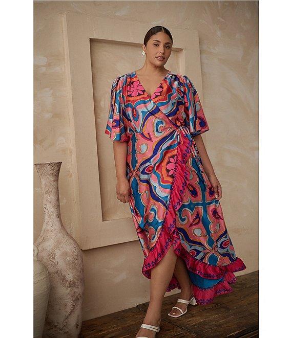 Sugarlips Plus Medallion Border Print Short Sleeve Faux-Wrap High-Low-Hem Satin Long Dress Product Image