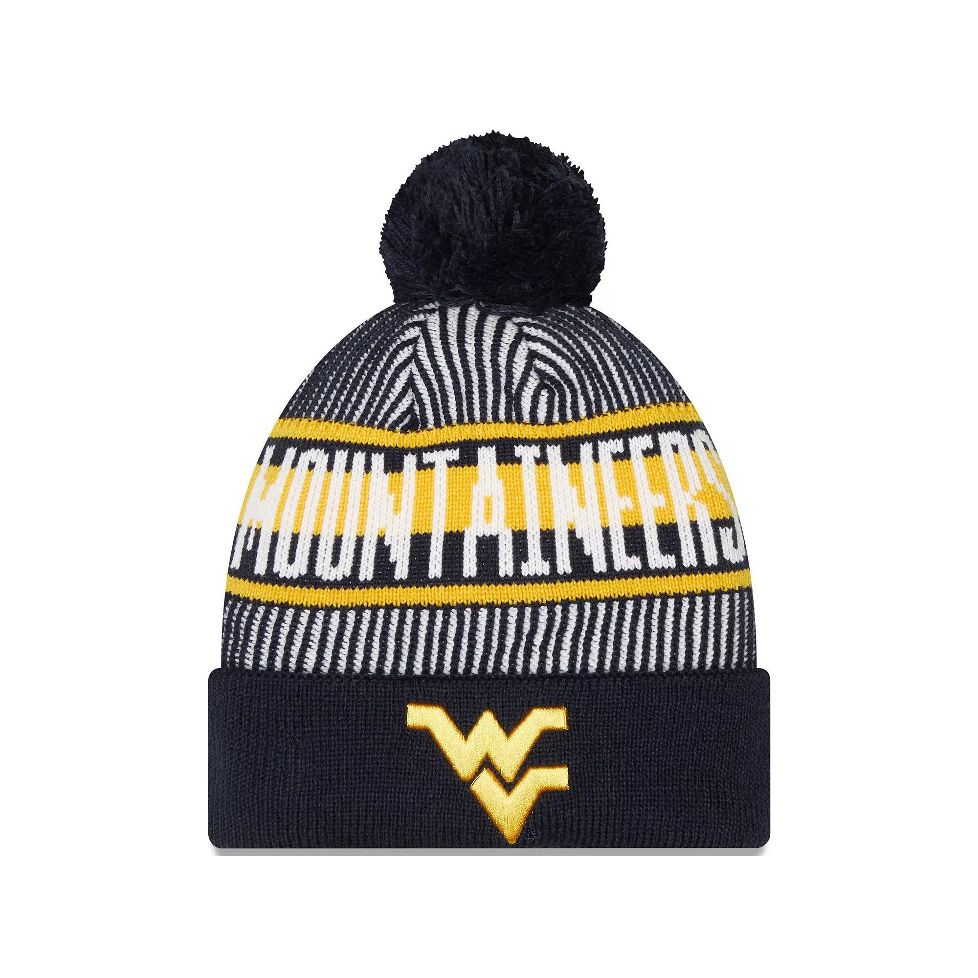 Men's New Era  Navy West Virginia Mountaineers Logo Striped Cuff Knit Hat with Pom, Blue Product Image