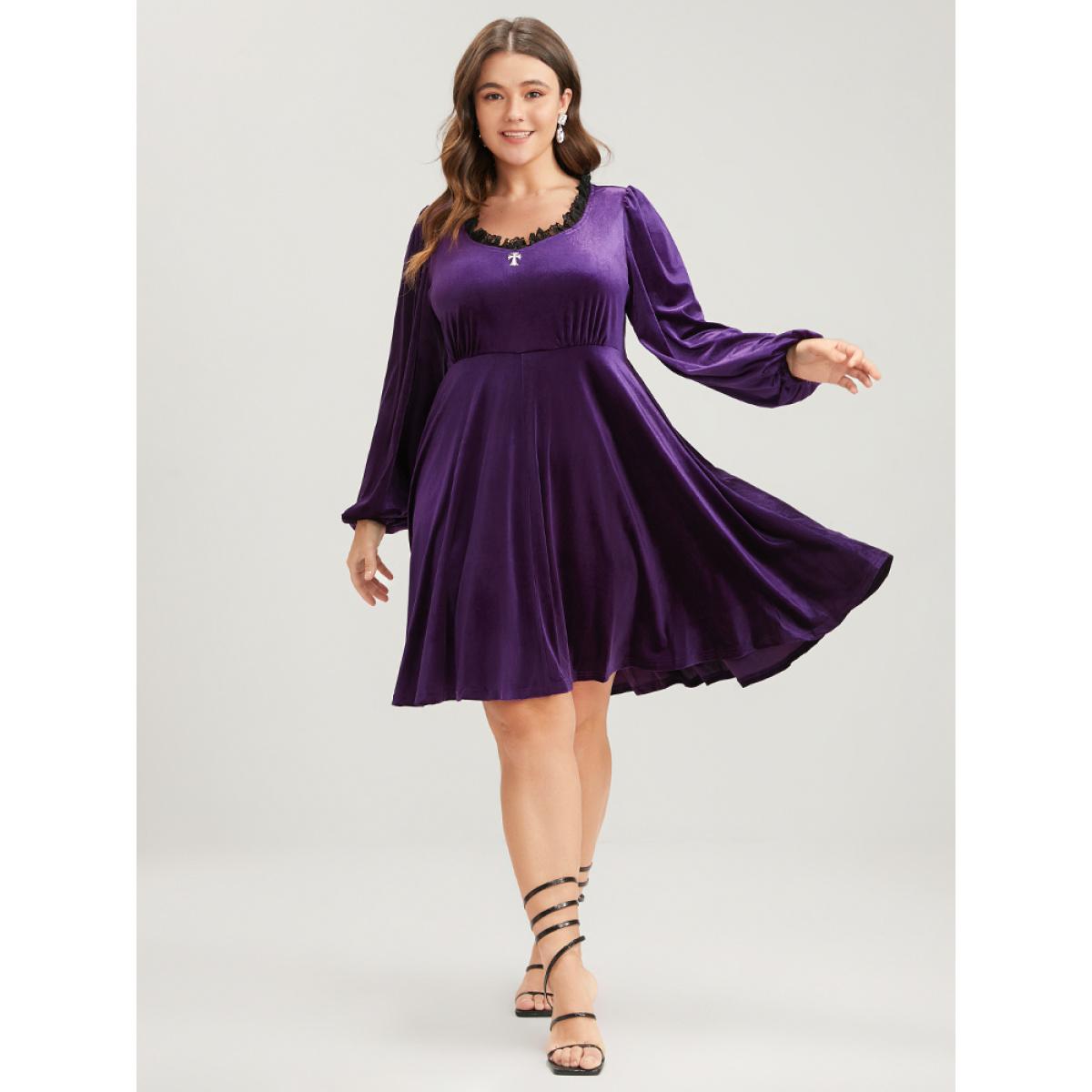 Solid Party High Waist Vintage Plus Size Women Knee Dress Going out Plain Pocket Moderately Stretchy Lantern Sleeve Long Sleeve V Neck Glamour Dresses BloomChic Product Image