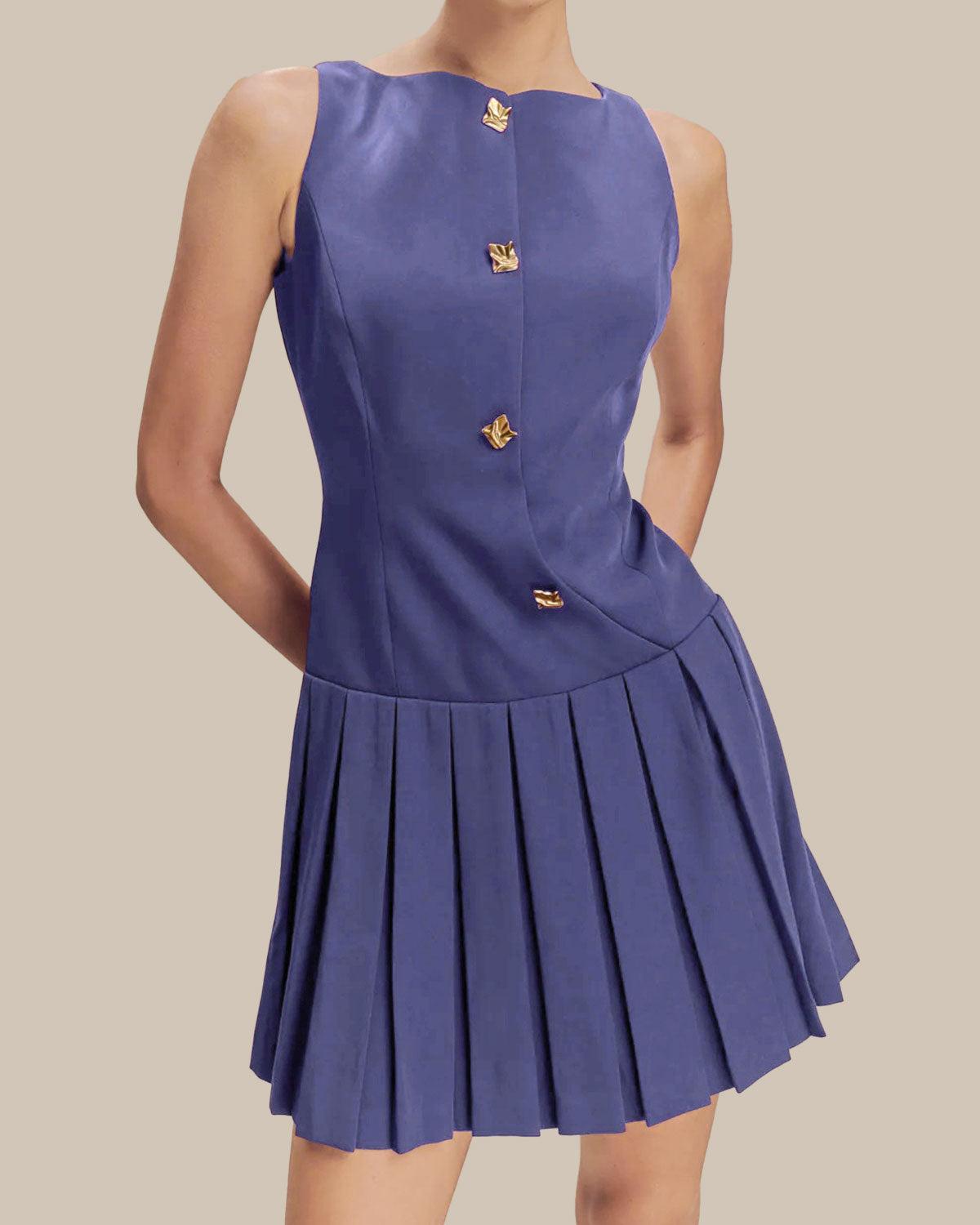 Blue Boat Neck Button Sleeveless Mini Dress Product Image