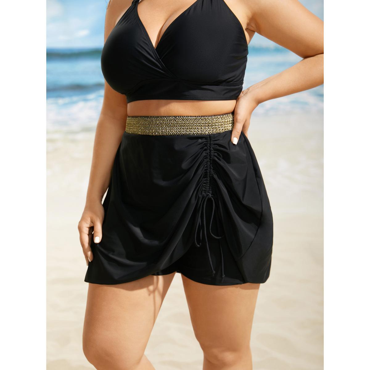 Plus Size Contrast Webbing Patchwork Drawstring Gathered Swim Bottom Women's Swimwear Black Beach Woven ribbon&lace trim High stretch Skinny High Rise Side seam pocket Curve Swim Bottoms BloomChic 26/4X Product Image