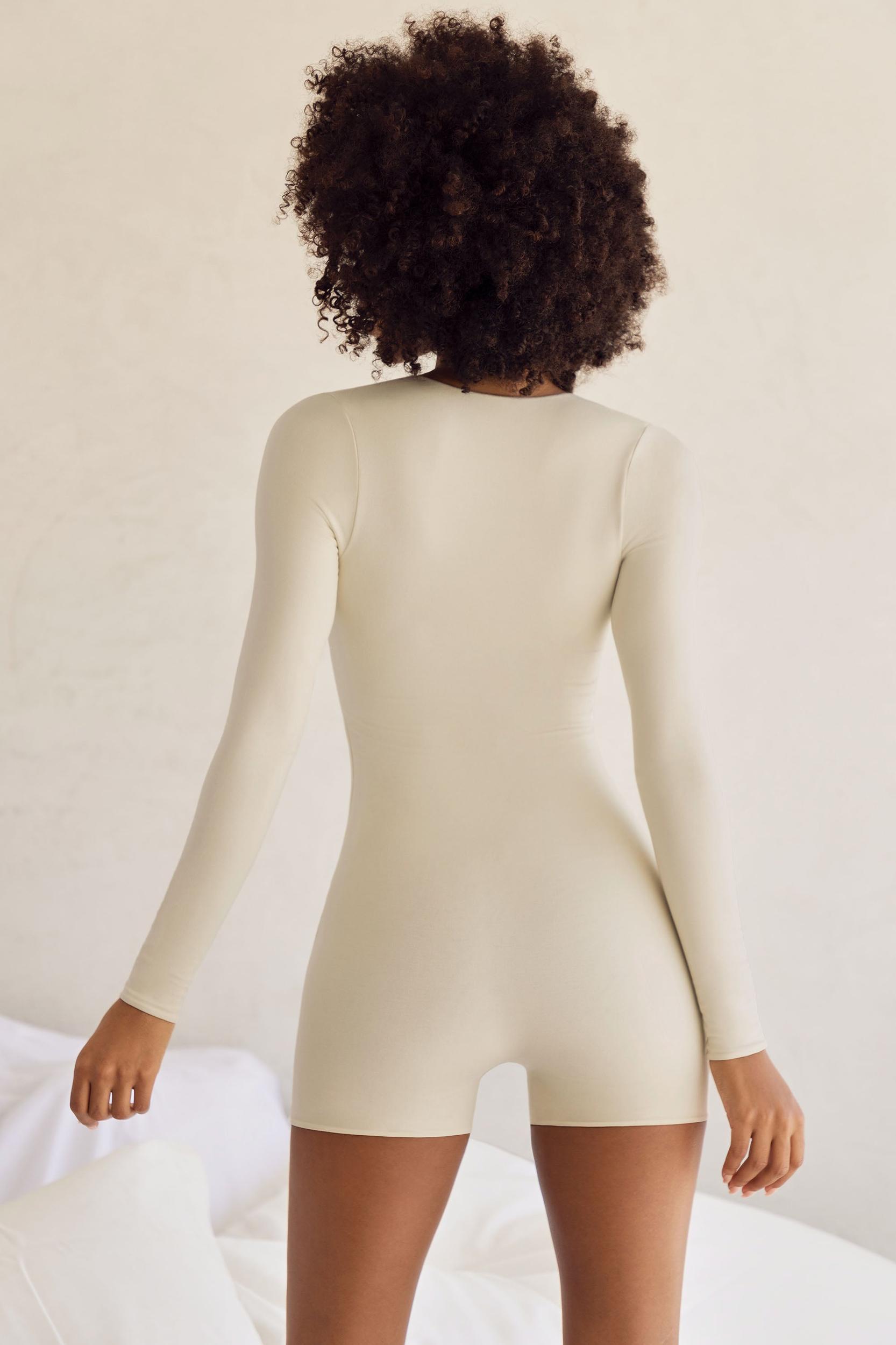 Long Sleeve Square Neck Unitard in Ivory Product Image