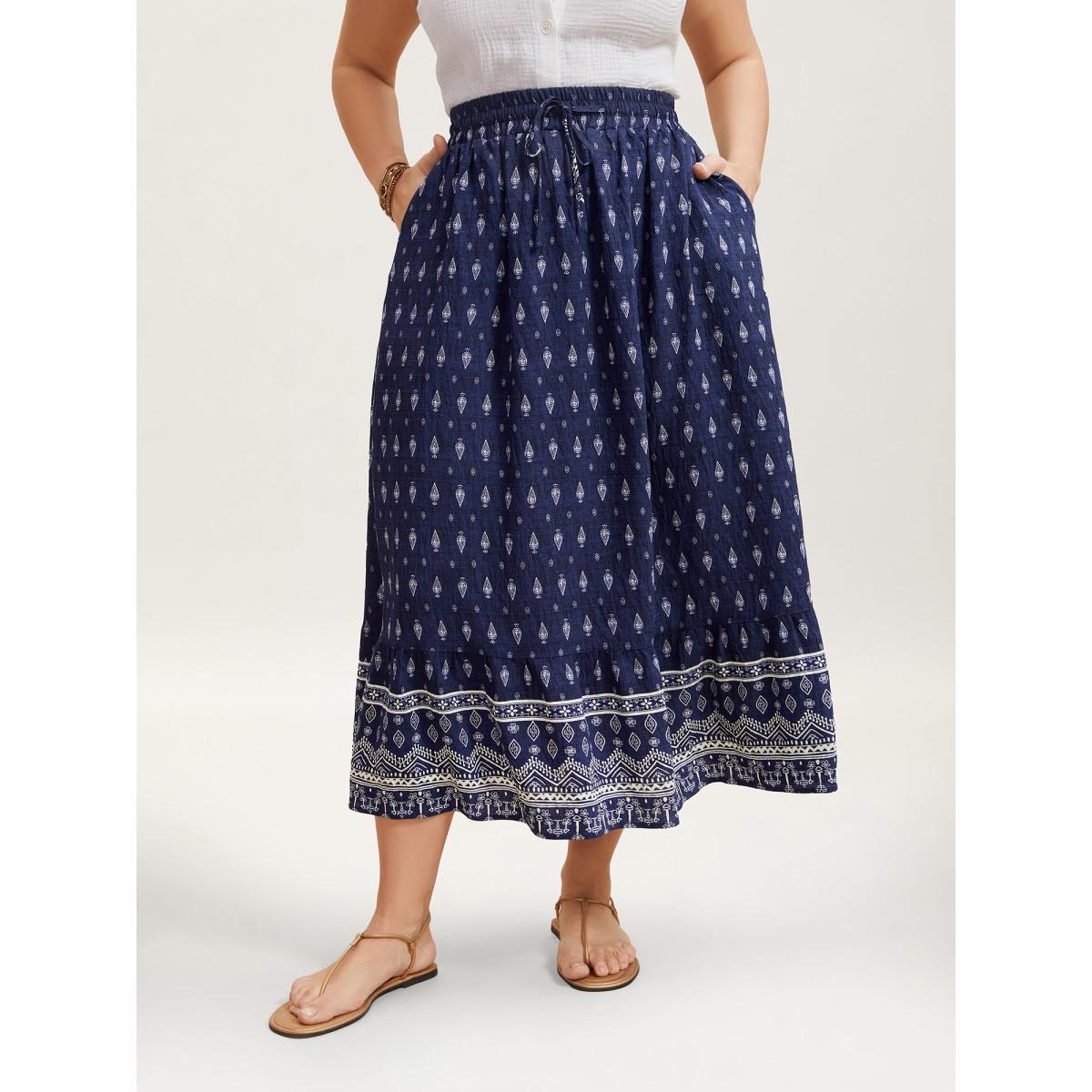 Plus Size Boho Print Pleated Drawstring Midi Skirt Women Indigo Resort Drawstring No stretch Slanted pocket Vacation Skirts BloomChic 18-20/2X Product Image