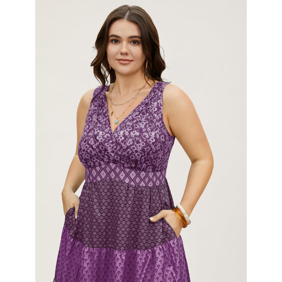 Plus Size Bandana Patchwork Floral Sleeveless Dress Mauve Women Boho Pleated V-neck Sleeveless Curvy BloomChic 22-24/3X Product Image