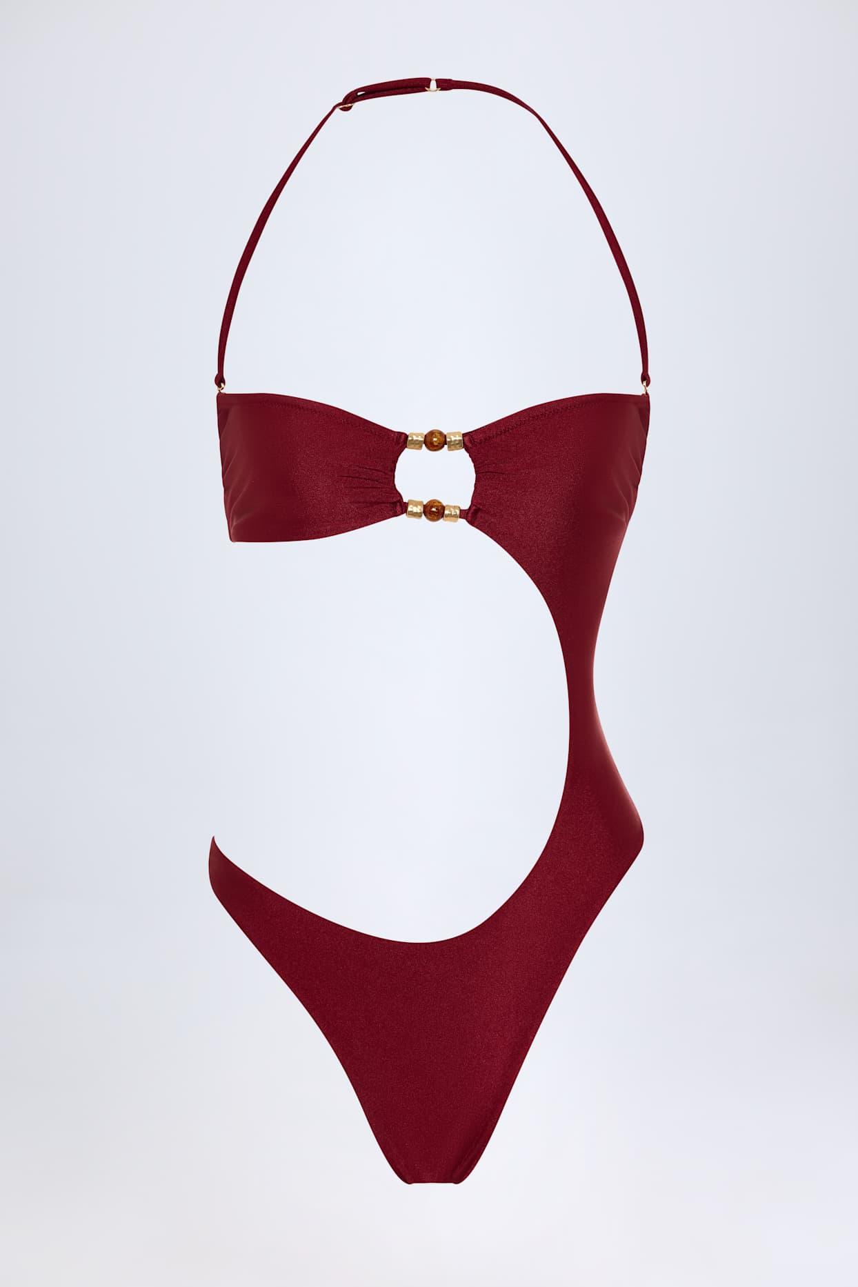 Bead-Embellished Cut-Out Bandeau Swimsuit in Dark Cherry Product Image