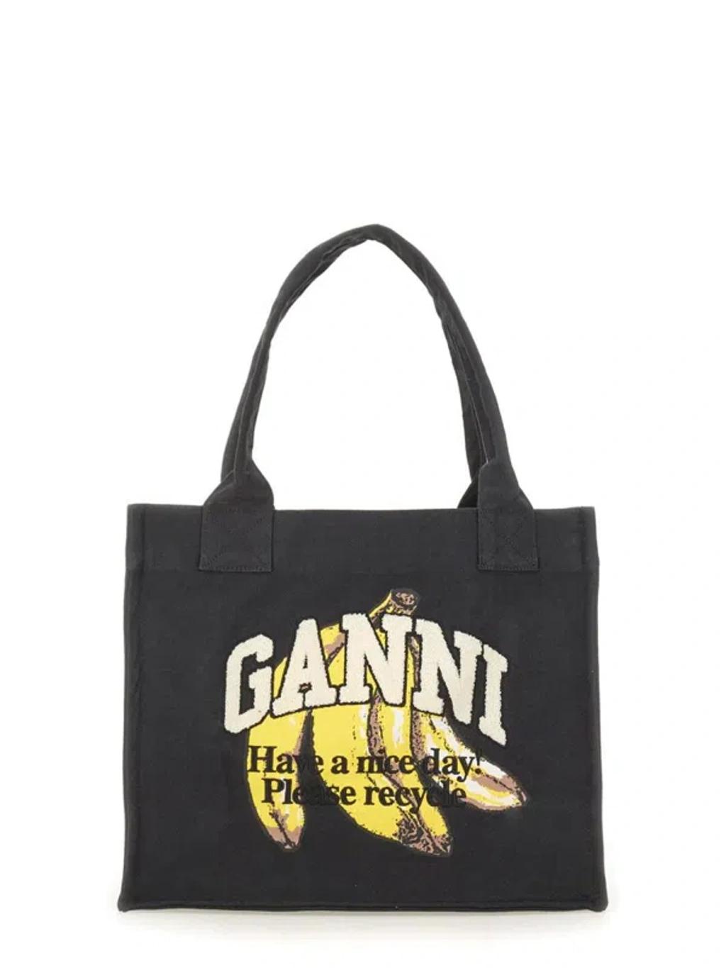GANNI Banana Print Large Tote Bag In Black Product Image