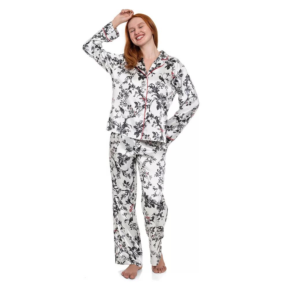 Women's Lilac+London Long Satin Notch Collar Pajama Top & Pajama Bottoms Set, Size: XXL LONG, Ivory Black Product Image