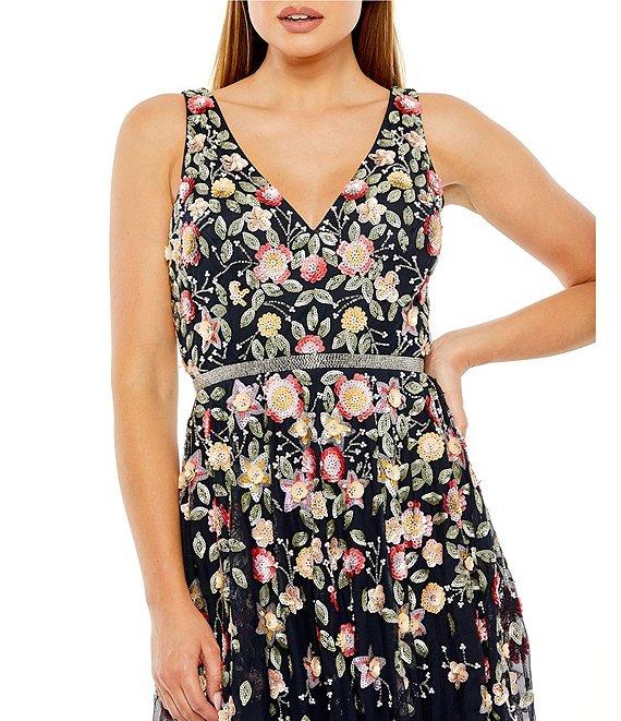 Mac Duggal Beaded V-Neck Sleeveless A-Line Midi Dress Product Image