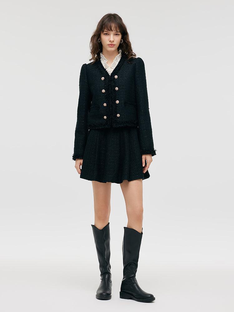 Tweed Fringe V-Neck Women Crop Jacket Product Image