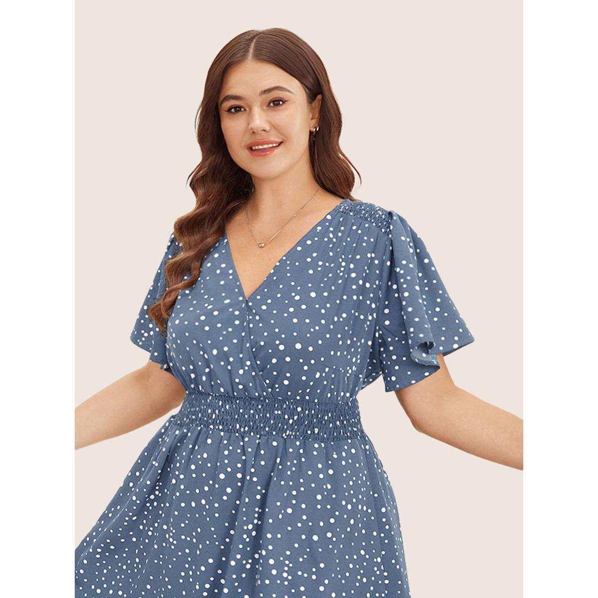 Plus Size Polka Dot Wrap Pocket Shirred Ruffle Sleeve Dress Stone Women Elegant Patchwork Curvy Midi Dress BloomChic 14-16/1X Product Image