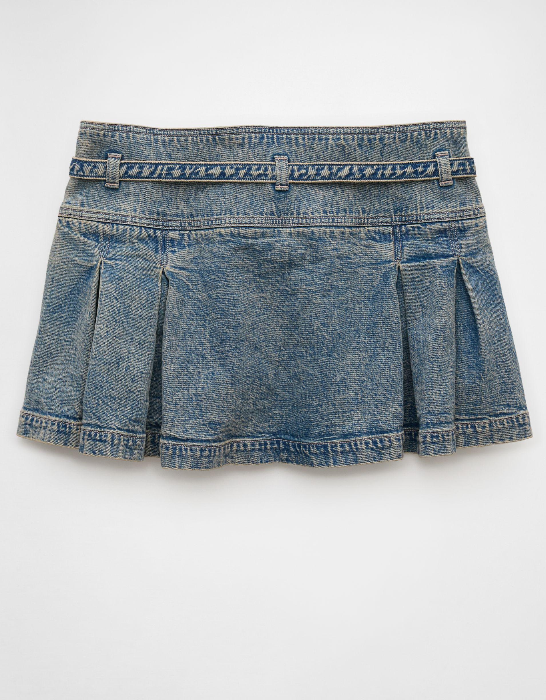 AE Stretch Low-Rise Belted Pleated Denim Mini Skirt Product Image