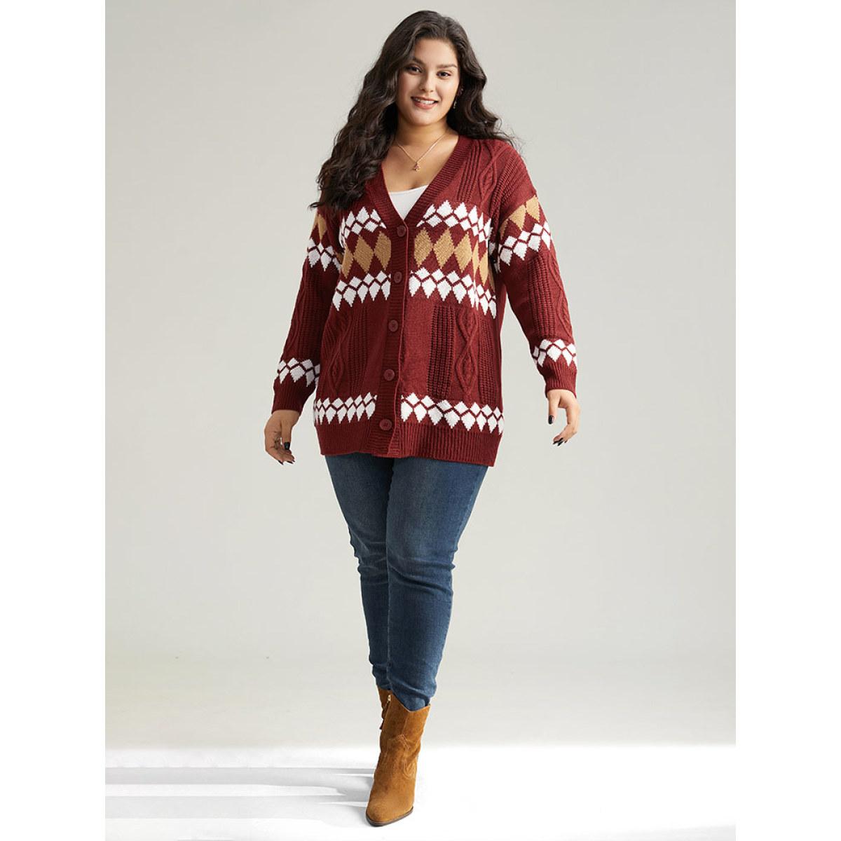 Plus Size Bandana Print Plisse Button Through Cardigan Multicolor Women Casual Loose Long Sleeve Festival-Christmas Cardigans BloomChic 22-24/3X Product Image