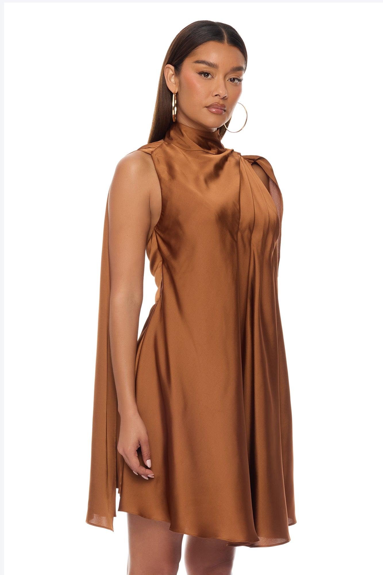 Rachelle Draped Satin Mini Dress - Mocha Female Product Image