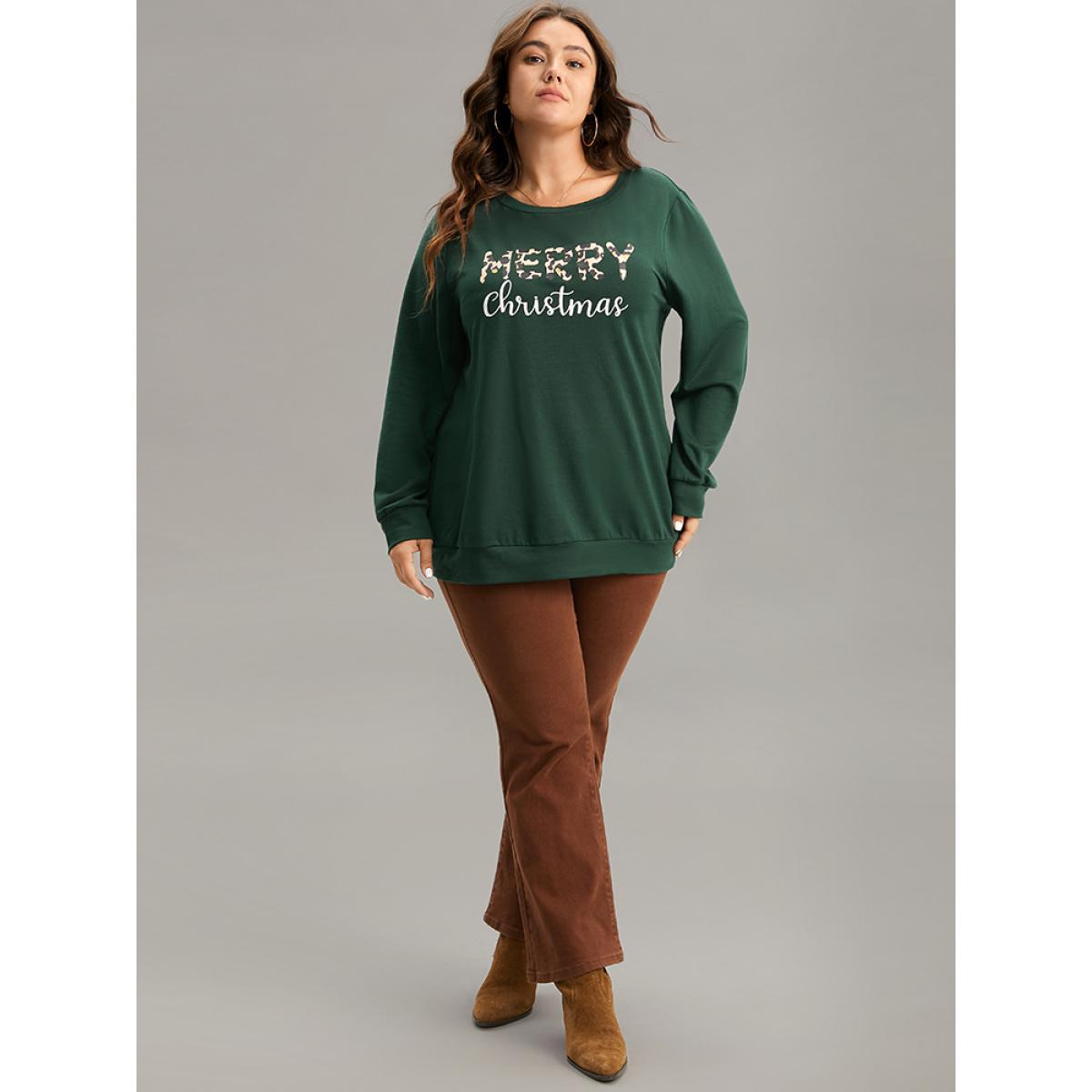 Plus Size Christmas Letter Leopard Round Neck Sweatshirt Women DarkGreen Casual Printed Festival-Christmas Sweatshirts BloomChic 14-16/1X Product Image