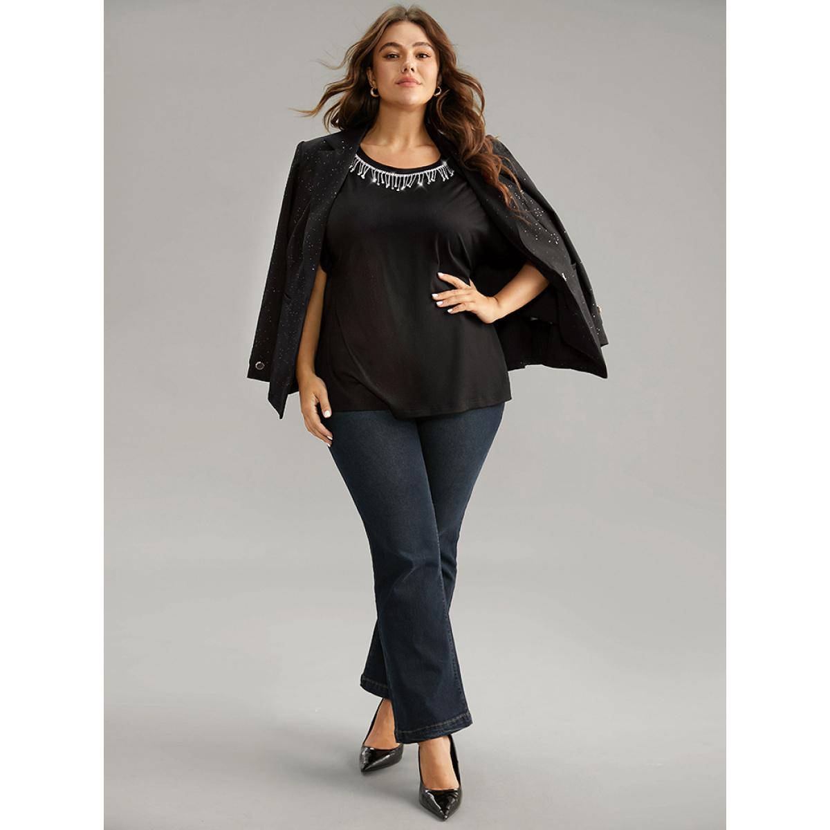 Plus Size Metal Tassel Detail Crew Neck T-shirt Black Women Elegant Tassels Plain Round Neck Dailywear T-shirts BloomChic 10/M Product Image