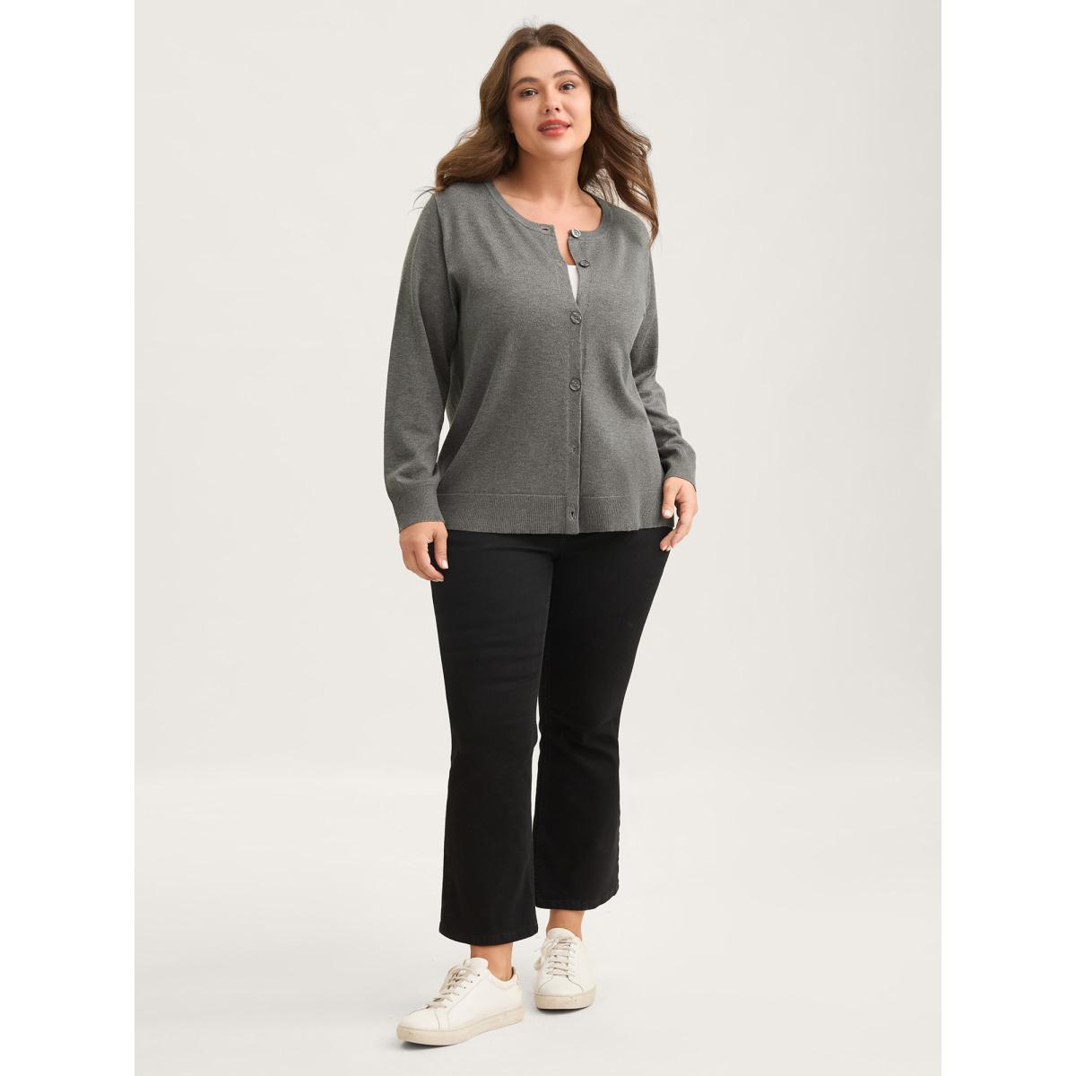Plus Size Supersoft Button Round Neck Lightweight Cardigan DarkGray Women Leisure Loose Long Sleeve Casual Cardigans BloomChic 10/M Product Image