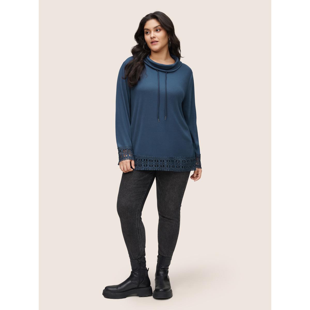 Plus Size Plain Lace Patchwork Lapel Collar Drawstring T-shirt Indigo Women Casual Plain Plain Lapel Collar Dailywear T-shirts BloomChic 10/M Product Image