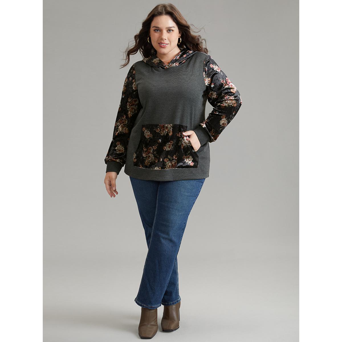 Plus Size Velvet Patchwork Floral Print Kangaroo Pocket Sweatshirt Women DimGray Elegant Velvet Hooded Dailywear Sweatshirts BloomChic 12/L Product Image