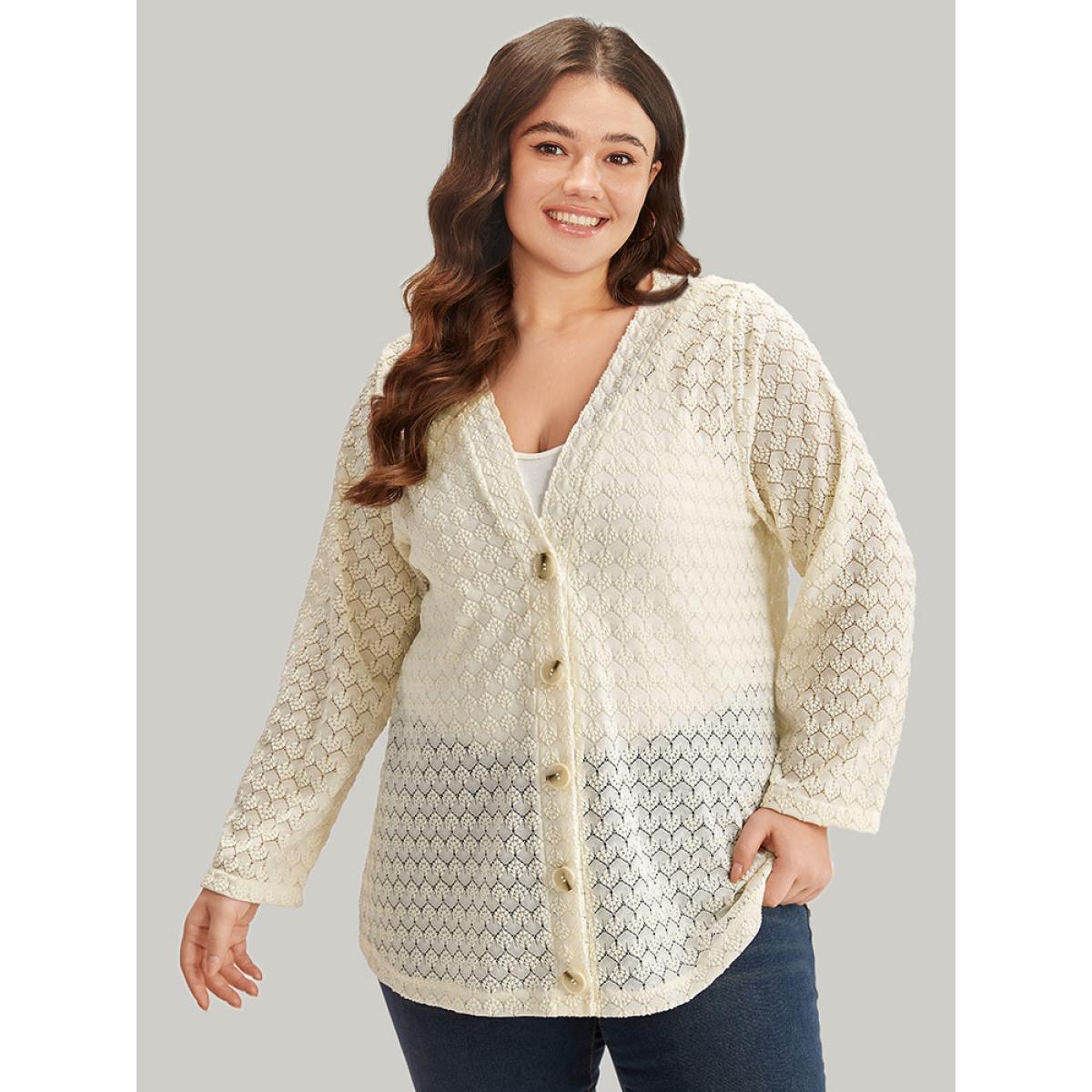 Plus Size Geometric Lace Hollow Out Button Through Jacket Women Beige Casual Plain Ladies Dailywear Winter Coats BloomChic 12/L Product Image