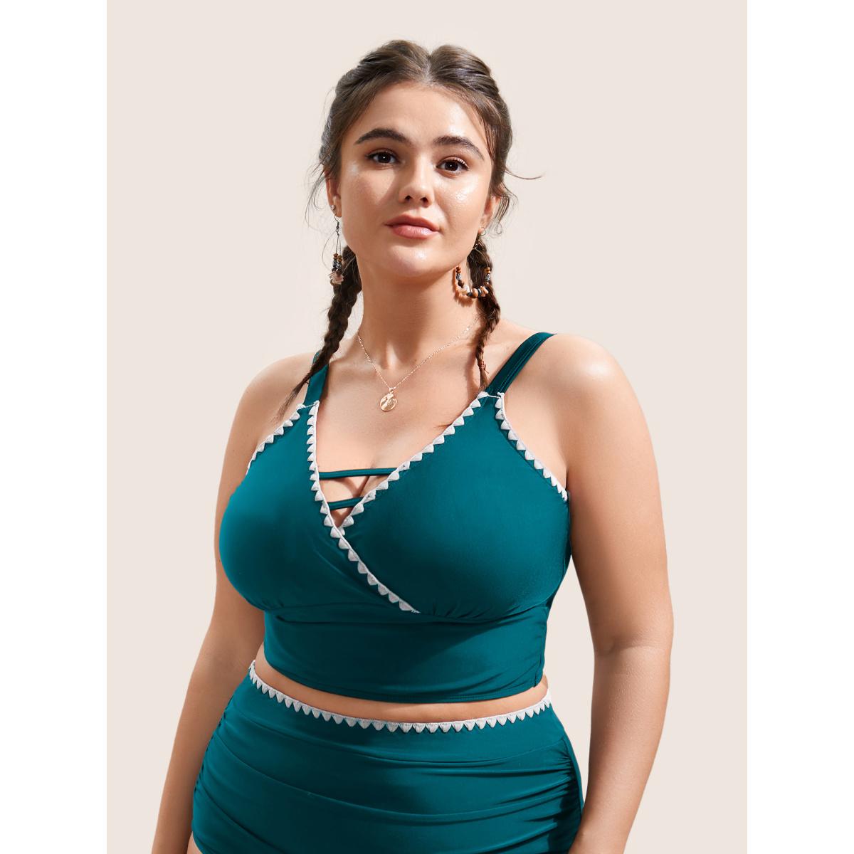 Plus Size Shell Stitch Hollow Out Warp Swim Top Women's Swimwear Black Beach Non High stretch Skinny V-neck Curve Swim Tops BloomChic 30/6X Product Image