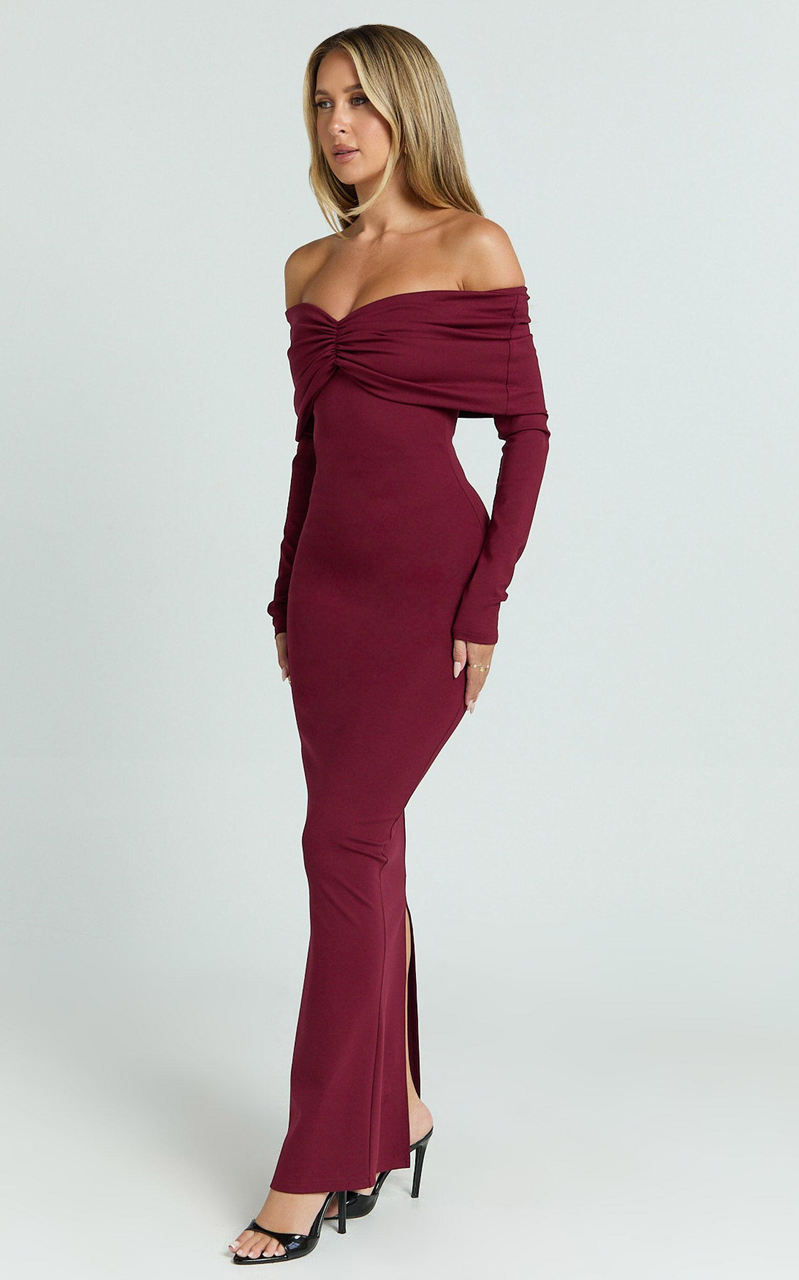 Rani Maxi Dress - Off Shoulder Long Sleeve Bodycon Dress in Wine Product Image