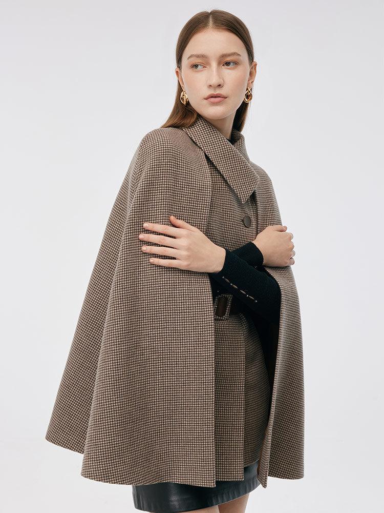 100% Washable Wool Beige Check Cape And Vest Two-Piece Set With Belt Product Image