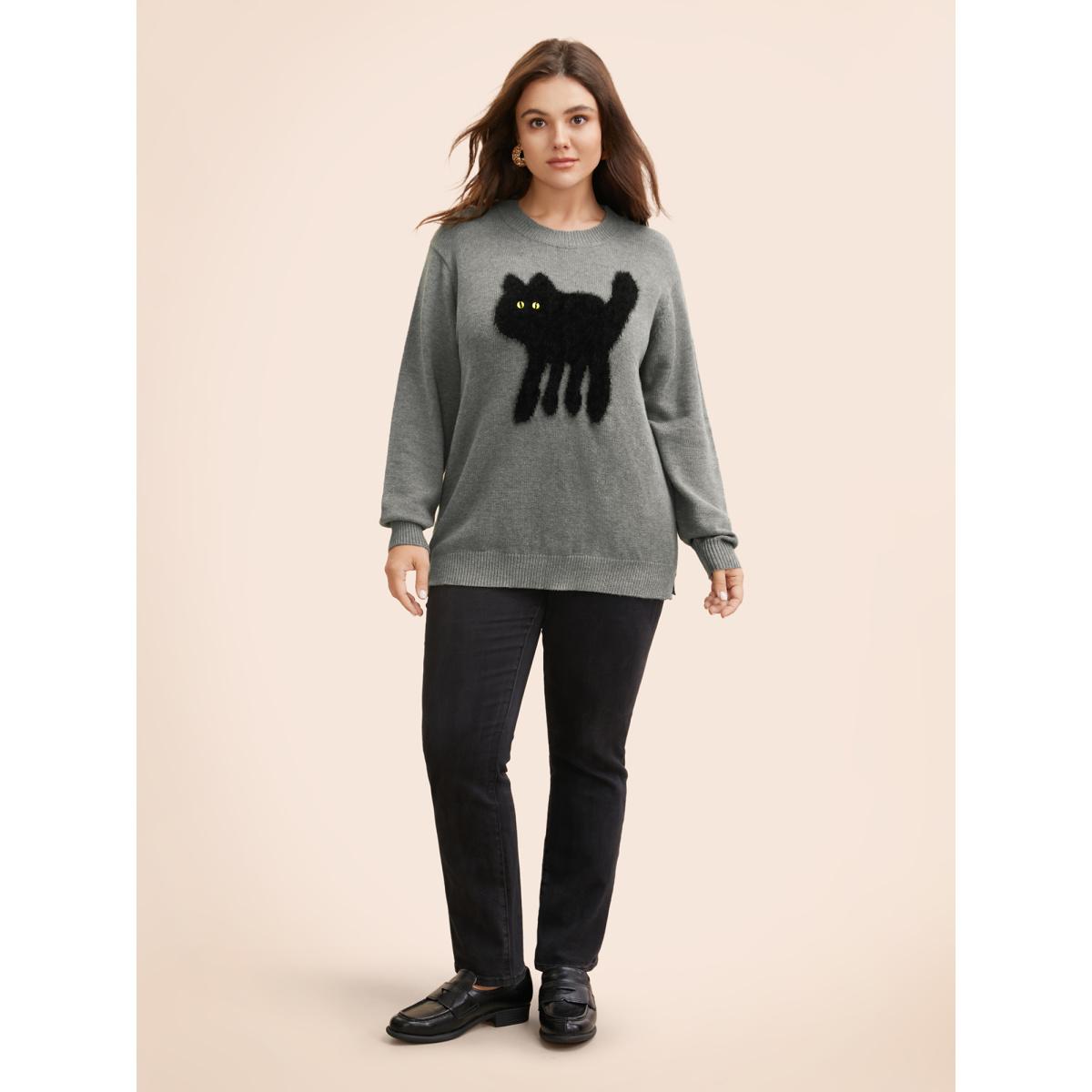 Plus Size Supersoft Essentials Cat Slit Hem Pullover Mediumgray Women Casual Long Sleeve Round Neck Everyday Pullovers BloomChic 30/6X Product Image