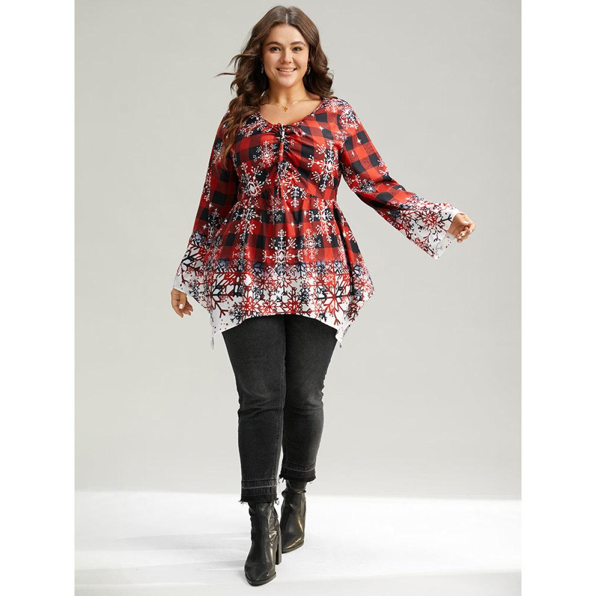 Plus Size Scarlet Oh-so-Chilly Plaid Ties Hanky Hem Blouse Women Elegant Long Sleeve V-neck Festival-Christmas Blouses BloomChic 28/5X Product Image