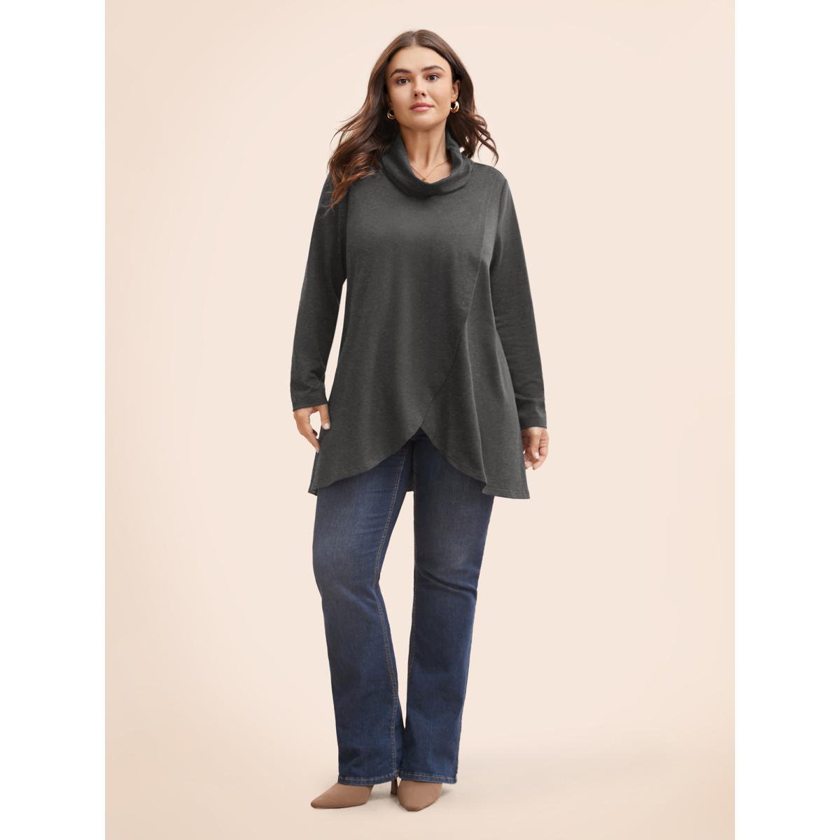 Plus Size Supersoft Plain Wrap Hem Turtleneck Sweatshirt Women Gray Leisure Wrap Turtleneck Casual Sweatshirts BloomChic 30/6X Product Image