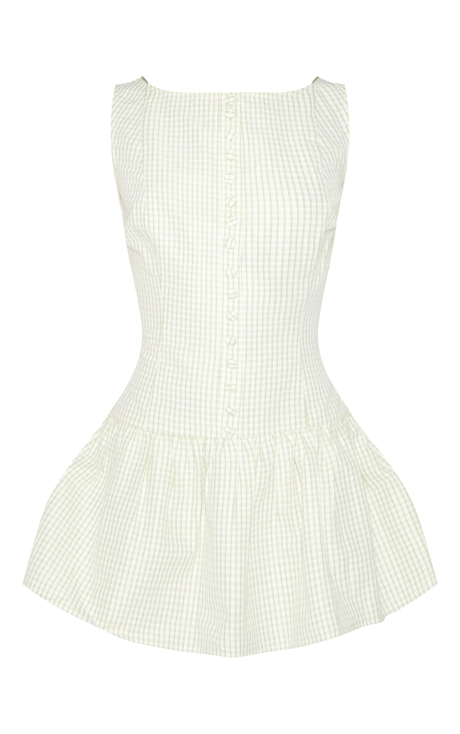 Sage Green Checked Scoop Back Button Down Shift Dress Product Image