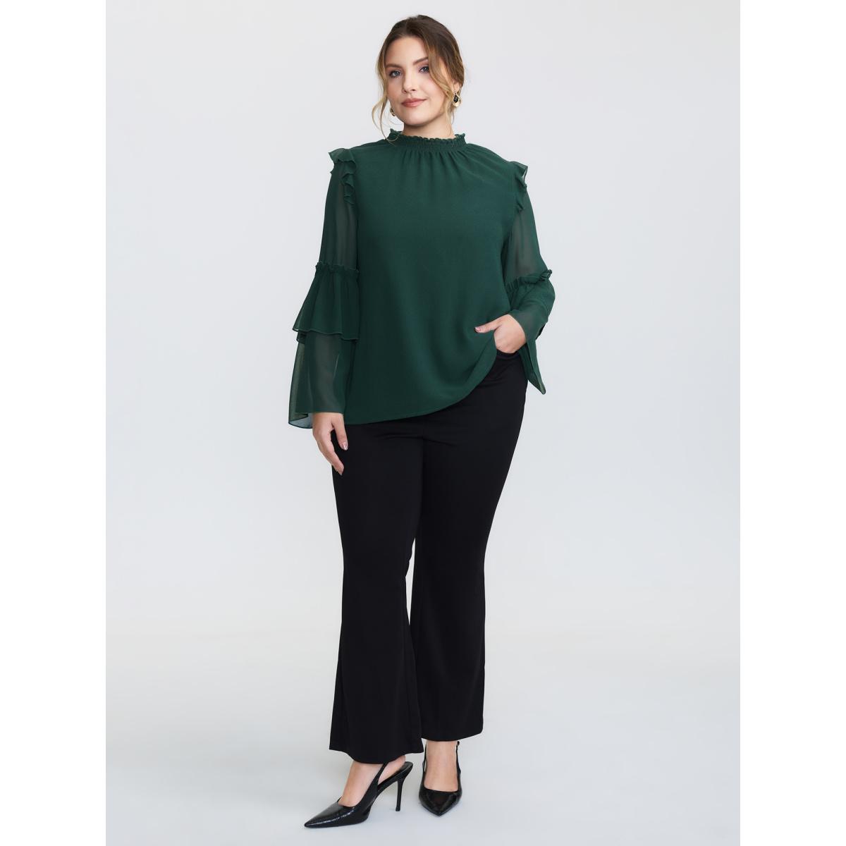 Plus Size Cyan Shirred Layered Ruffled Sheer Sleeve Blouse Women Timeless Long Sleeve Mock Neck Elegant Blouses BloomChic 26/4X Product Image