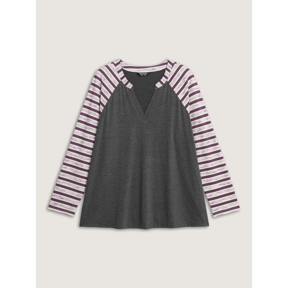 Plus Size Stripe Raglan Sleeve Round Neck T-Shirt DimGray Women Leisure Contrast Flat collar with V-notch Casual T-shirts BloomChic 14-16/1X Product Image