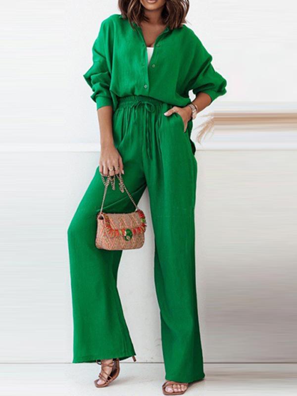 Solid Color High-Low Long Sleeves Lapel Blouses + Drawstring Pants Two Pieces Set Product Image