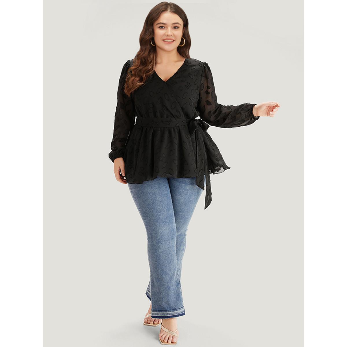 Plus Size Black Crochet Mesh Belted Gathered Wrap Lantern Sleeve Blouse Women Elegant Long Sleeve V-neck Dailywear Blouses BloomChic 22-24/3X Product Image