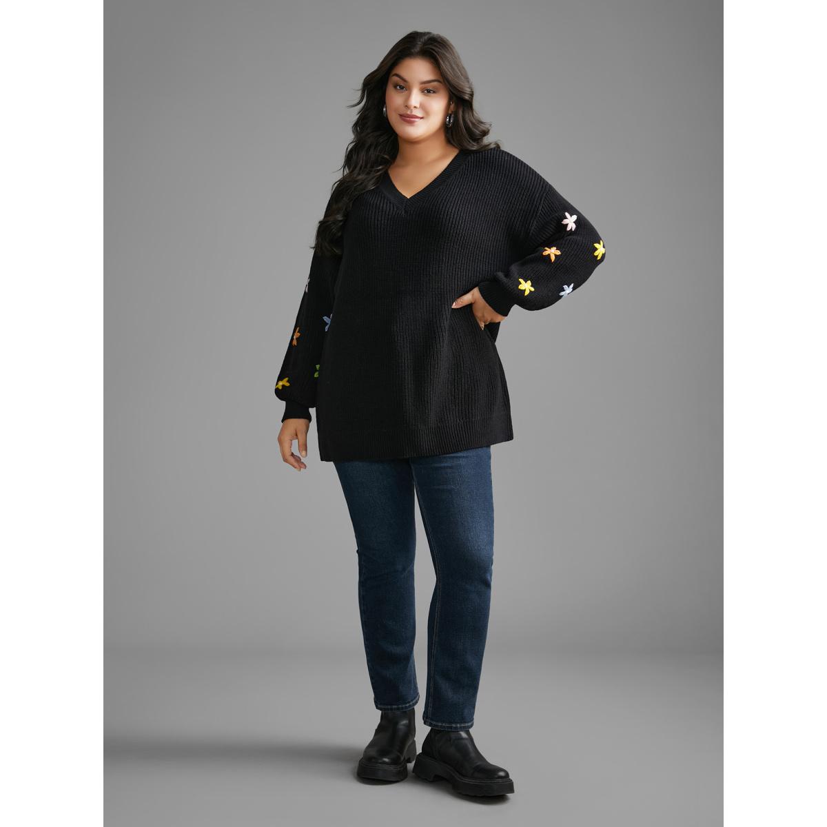 Plus Size V Neck Crochet Floral Drop Shoulder Pullover Black Women Casual Loose Long Sleeve V-neck Everyday Pullovers BloomChic 10/M Product Image
