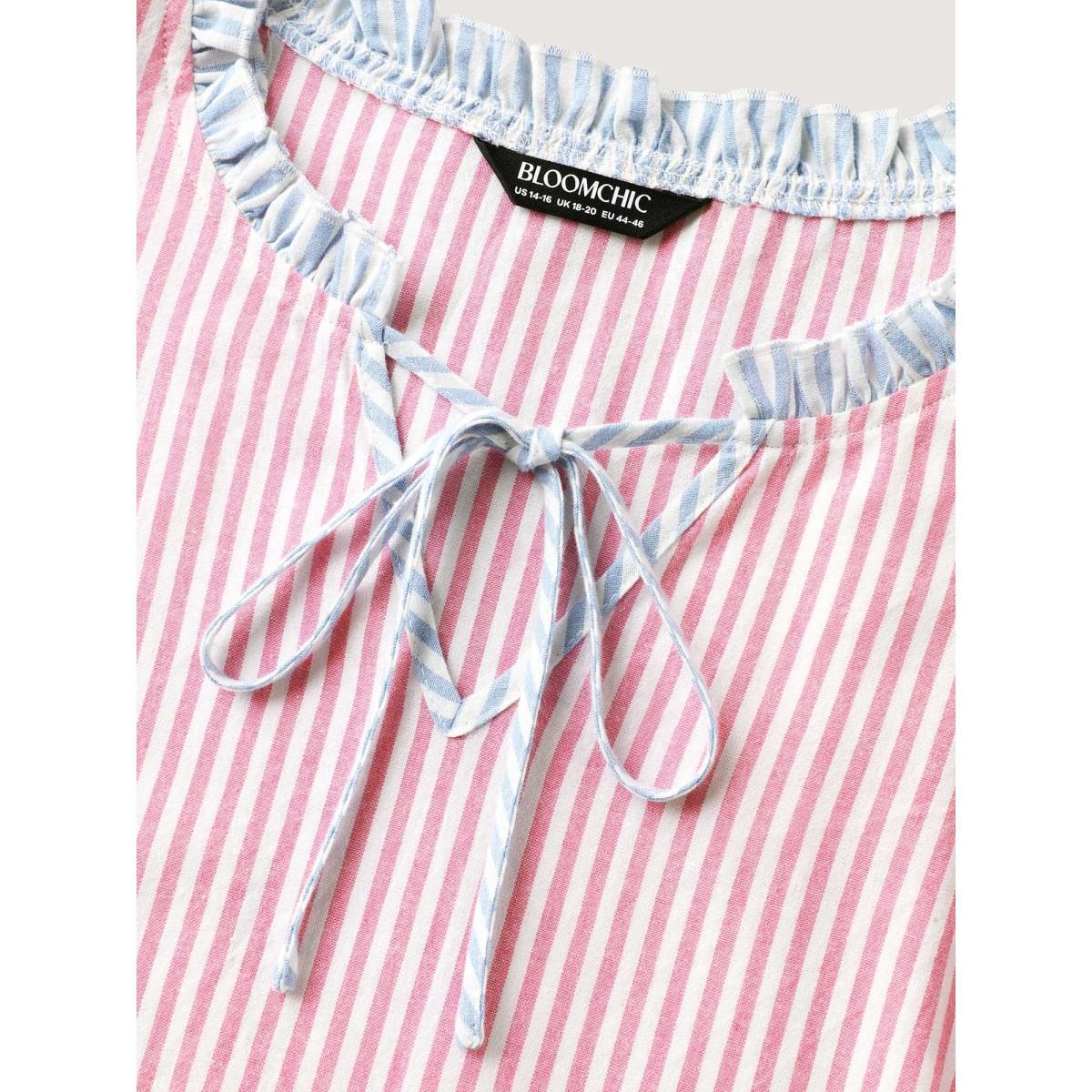 Plus Size Multicolor Cotton Colorful Stripes Ruffled Neck Tie Blouse Women Short sleeve Notched collar Everyday-Elegant Blouses BloomChic 22-24/3X Product Image